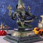 Brass Yog Narasimha Swamy Statue 11" | Unique Black Green Antique Finish | 6 kg Handcrafted Sculpture | 8" Width, 6" Depth | Yoga Narasimha Temple Inspired